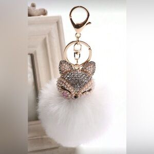Rhinestone Fox Head with White Pom Pom Purse Charm / Keychain.